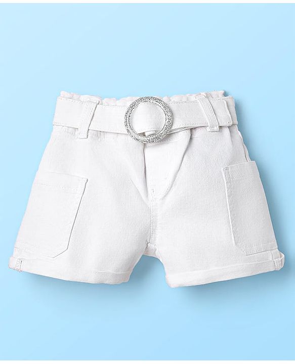 Babyhug Mid Thigh Denim Washed Shorts With Stretch - White