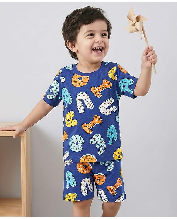 Babyhug Cotton Knit Half Sleeves Shorts Co-ords Night Suit with Text Print - Navy Blue