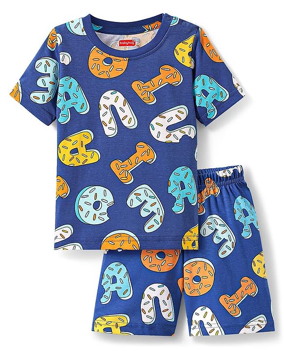 Babyhug Cotton Knit Half Sleeves Shorts Co-ords Night Suit with Text Print - Navy Blue