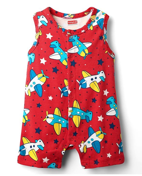 Babyhug 100% Cotton Knit Sleeveless Striped & Airplane Printed Rompers Pack of 2 - Red & Blue