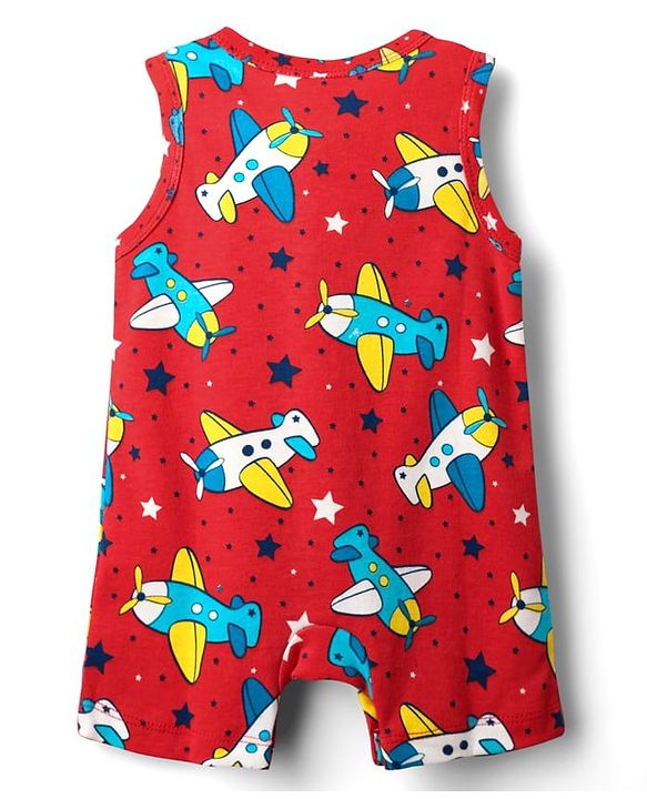 Babyhug 100% Cotton Knit Sleeveless Striped & Airplane Printed Rompers Pack of 2 - Red & Blue