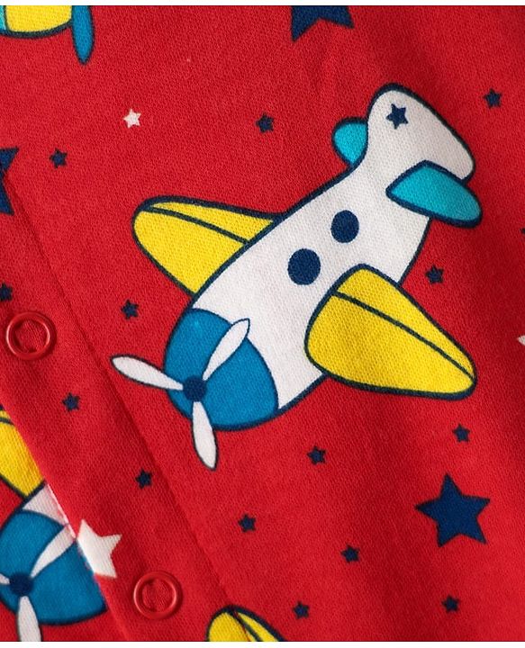 Babyhug 100% Cotton Knit Sleeveless Striped & Airplane Printed Rompers Pack of 2 - Red & Blue