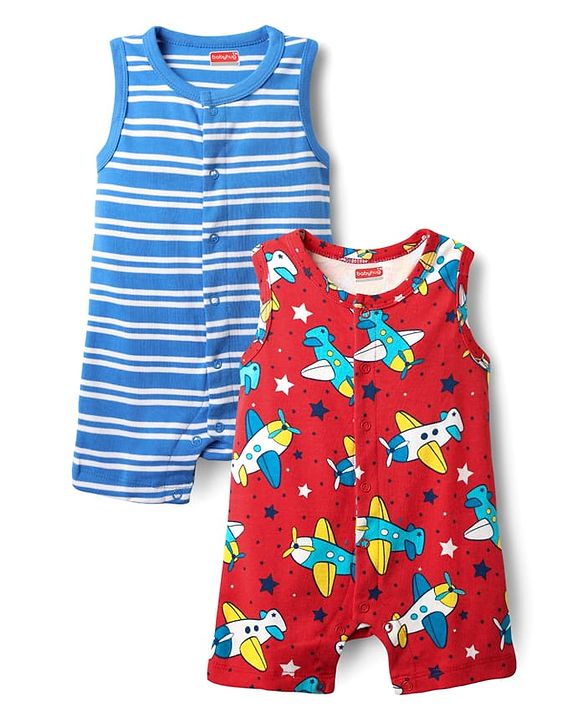 Babyhug 100% Cotton Knit Sleeveless Striped & Airplane Printed Rompers Pack of 2 - Red & Blue