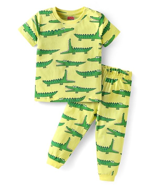 Babyhug Cotton Knit Half Sleeves Co-ords Night Suit  with Dino Print -Limegreen