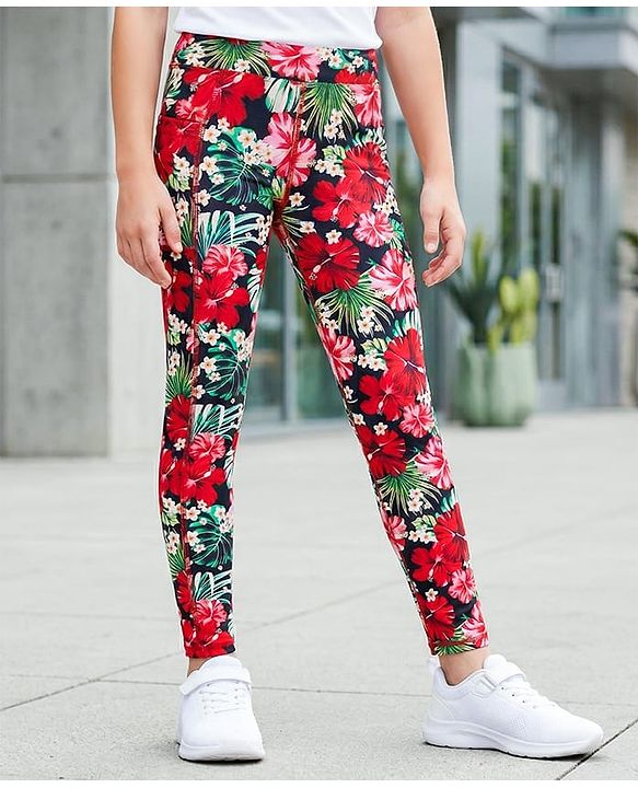 Pine Active Knit Full Length Super Stretch Leggings with Floral Print - Black