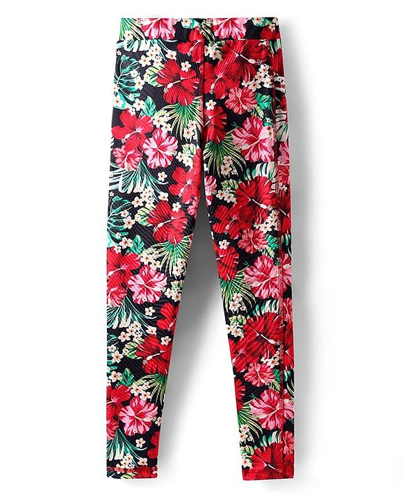 Pine Active Knit Full Length Super Stretch Leggings with Floral Print - Black