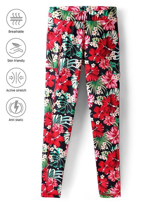 Pine Active Knit Full Length Super Stretch Leggings with Floral Print - Black