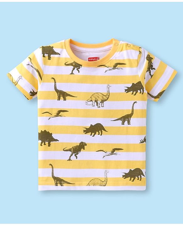 Babyhug Cotton Knit Half Sleeves Co-ords Night Suit with Dino Print - Yellow