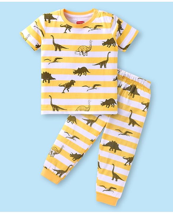 Babyhug Cotton Knit Half Sleeves Co-ords Night Suit with Dino Print - Yellow