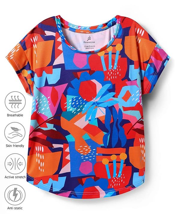 Pine Active Knit Half Sleeves Printed T-Shirt - Blue & Red