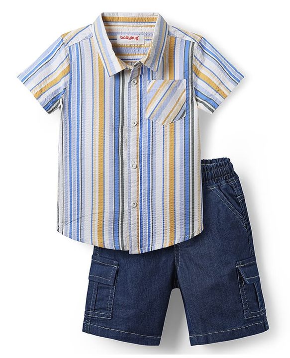 Babyhug Cotton Knit Half Sleeves Shirts & Short Set with Stripes - Navy Blue