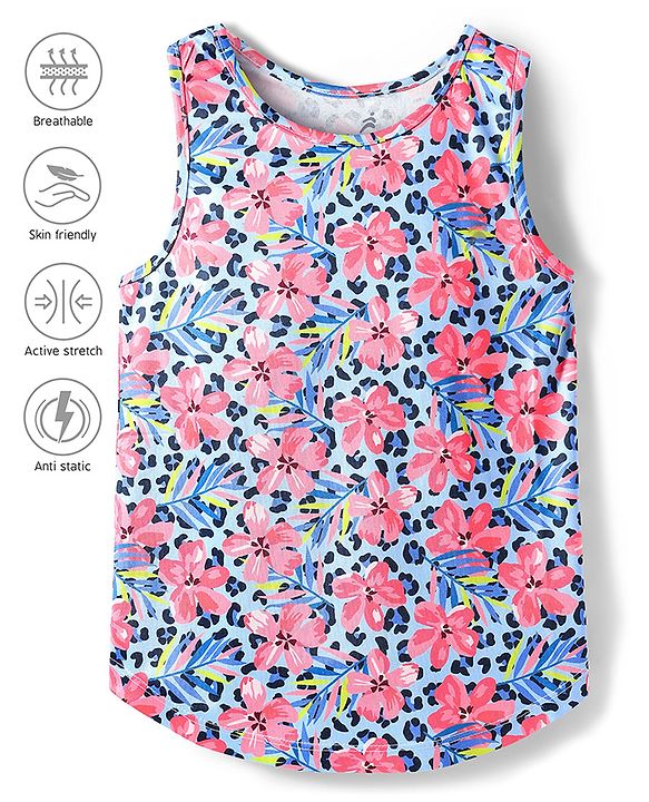 Pine Active Knit Sleeveless Tank T-Shirt with Floral Print - Light Blue