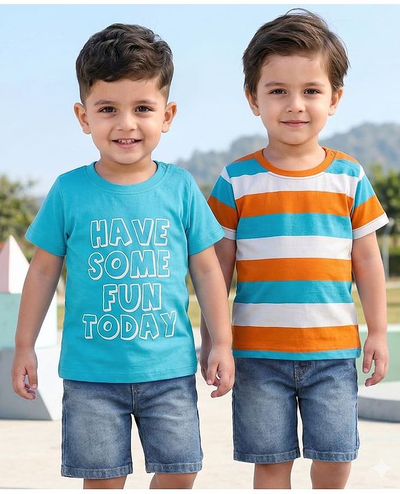 Babyhug Single Jersey Woven Half Sleeves Striped & Printed T-Shirts & Denim Shorts Set - Multicolor