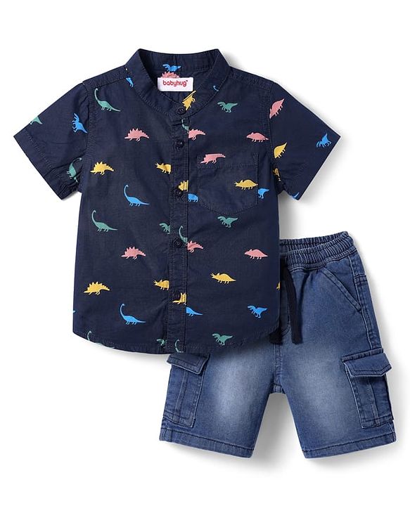 Babyhug Cotton Knit Half Sleeves Shirt & Denim Shorts Set with Dino Print - Navy Blue