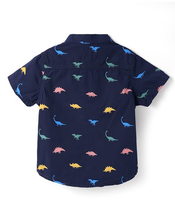 Babyhug Cotton Knit Half Sleeves Shirt & Denim Shorts Set with Dino Print - Navy Blue