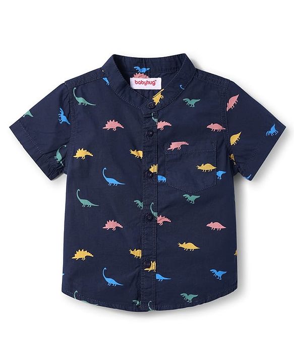 Babyhug Cotton Knit Half Sleeves Shirt & Denim Shorts Set with Dino Print - Navy Blue