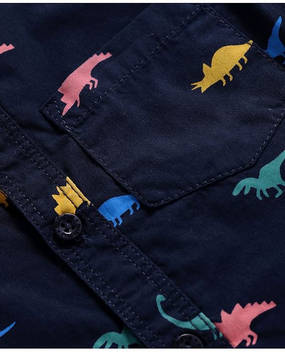 Babyhug Cotton Knit Half Sleeves Shirt & Denim Shorts Set with Dino Print - Navy Blue