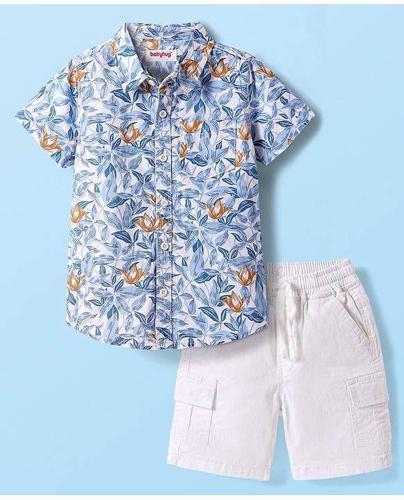 Babyhug Cotton Woven Half Sleeves Shirt & Shorts Set With Floral Print - White