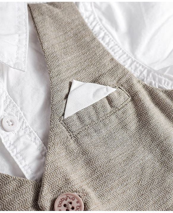 Babyhug Cotton Woven Half Sleeves Solid Color Shirt & Shorts Set with Attached Waistcoat - White & Grey