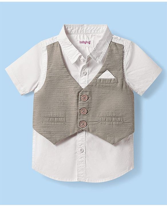 Babyhug Cotton Woven Half Sleeves Solid Color Shirt & Shorts Set with Attached Waistcoat - White & Grey