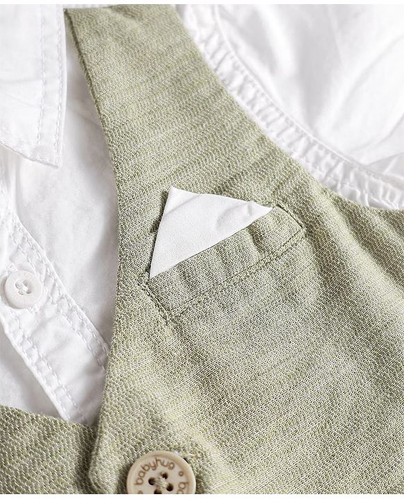 Babyhug Cotton Woven Half Sleeves Solid Color Shirt & Shorts Set with Attached Waistcoat - White & Light Green
