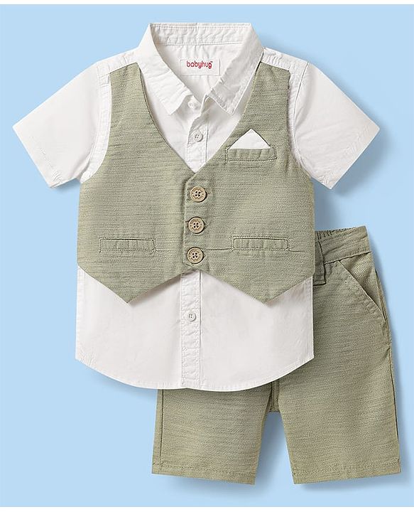 Babyhug Cotton Woven Half Sleeves Solid Color Shirt & Shorts Set with Attached Waistcoat - White & Light Green