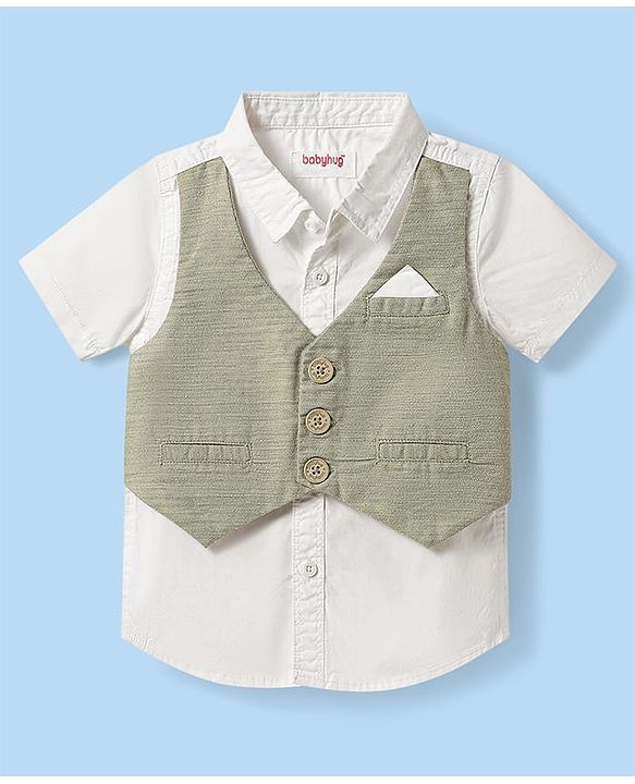 Babyhug Cotton Woven Half Sleeves Solid Color Shirt & Shorts Set with Attached Waistcoat - White & Light Green