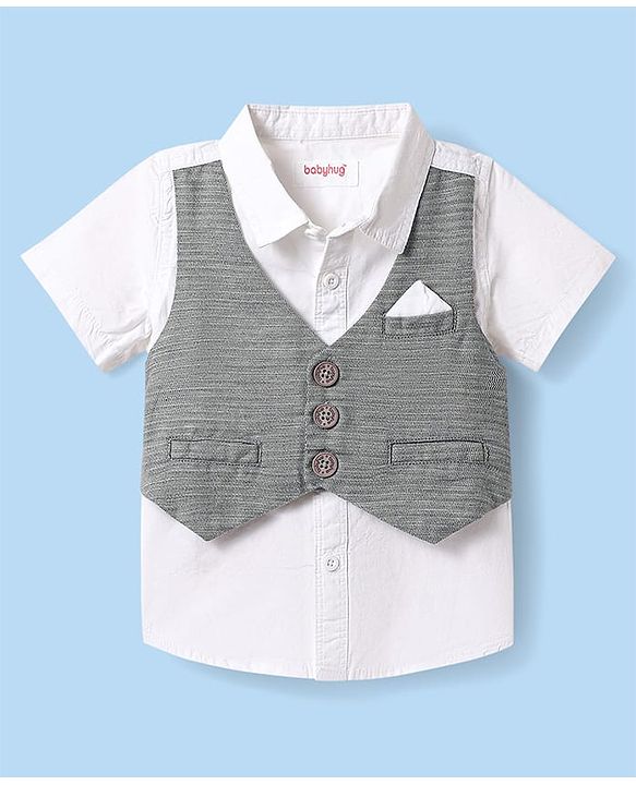 Babyhug Cotton Woven Half Sleeves Solid Color Shirt & Shorts Set with Attached Waistcoat - White & Grey