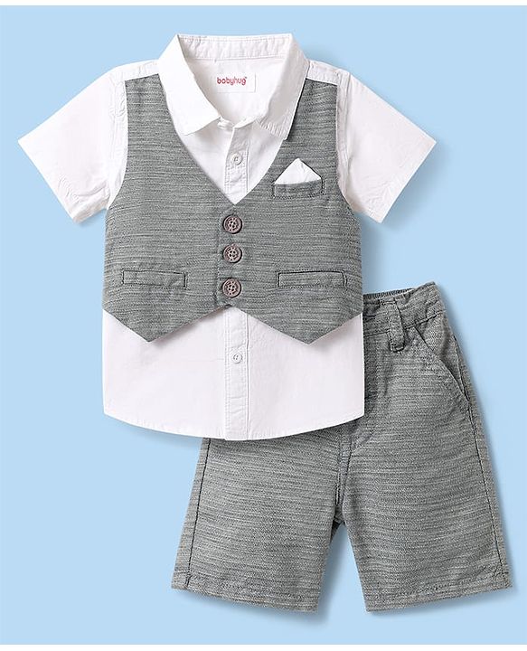 Babyhug Cotton Woven Half Sleeves Solid Color Shirt & Shorts Set with Attached Waistcoat - White & Grey
