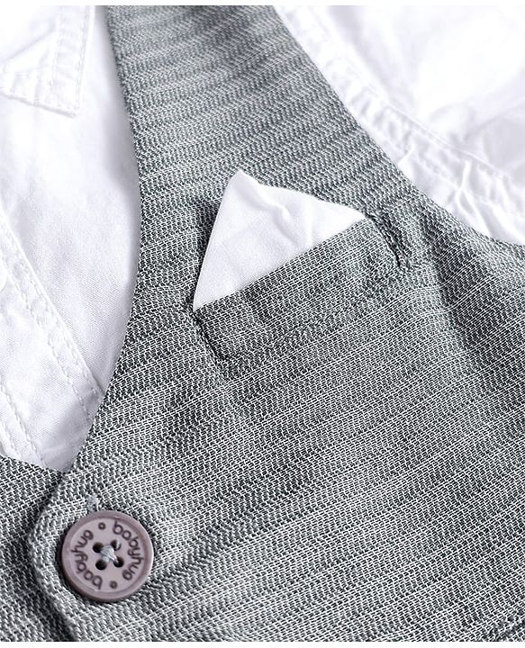 Babyhug Cotton Woven Half Sleeves Solid Color Shirt & Shorts Set with Attached Waistcoat - White & Grey