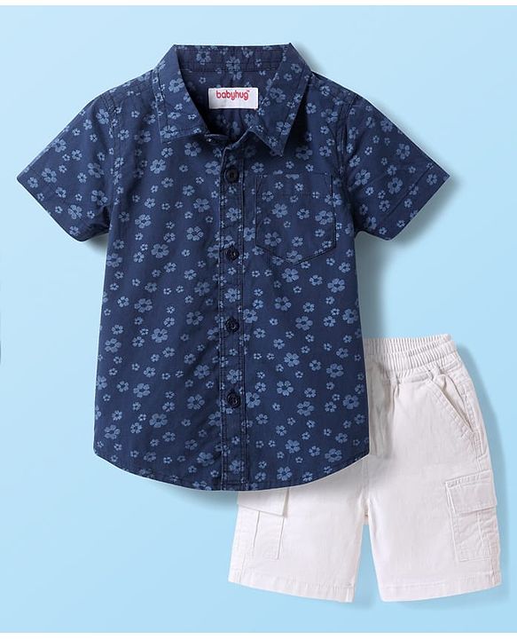 Babyhug Cotton Knit Half Sleeves Shirt & Shorts with Floral Print - Navy Blue & Beige