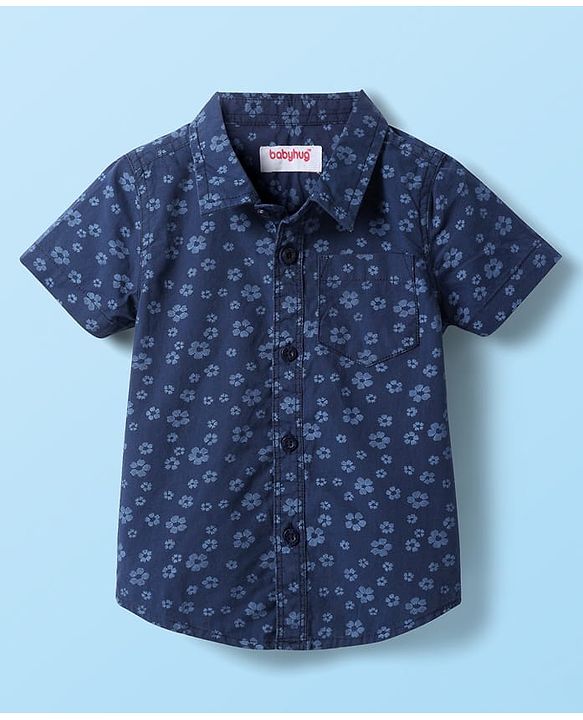 Babyhug Cotton Knit Half Sleeves Shirt & Shorts with Floral Print - Navy Blue & Beige