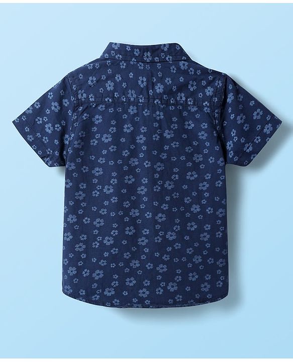 Babyhug Cotton Knit Half Sleeves Shirt & Shorts with Floral Print - Navy Blue & Beige