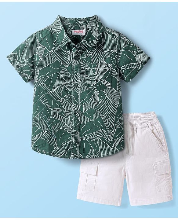 Babyhug Cotton Woven Half Sleeves Shirt & Shorts Set With Leaf Print - Green & White