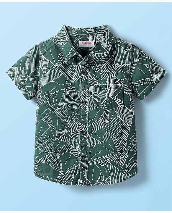 Babyhug Cotton Woven Half Sleeves Shirt & Shorts Set With Leaf Print - Green & White