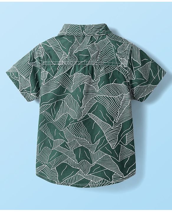 Babyhug Cotton Woven Half Sleeves Shirt & Shorts Set With Leaf Print - Green & White