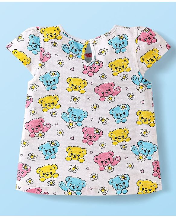 Babyhug Cotton Knit Cap Sleeves T-Shirts with Bear Print Pack of 3 - Pink White & Yellow