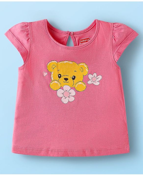Babyhug Cotton Knit Cap Sleeves T-Shirts with Bear Print Pack of 3 - Pink White & Yellow