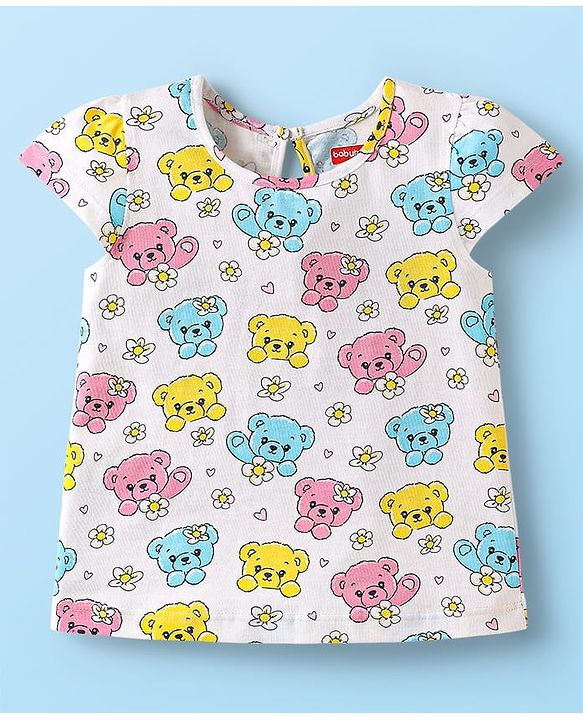 Babyhug Cotton Knit Cap Sleeves T-Shirts with Bear Print Pack of 3 - Pink White & Yellow