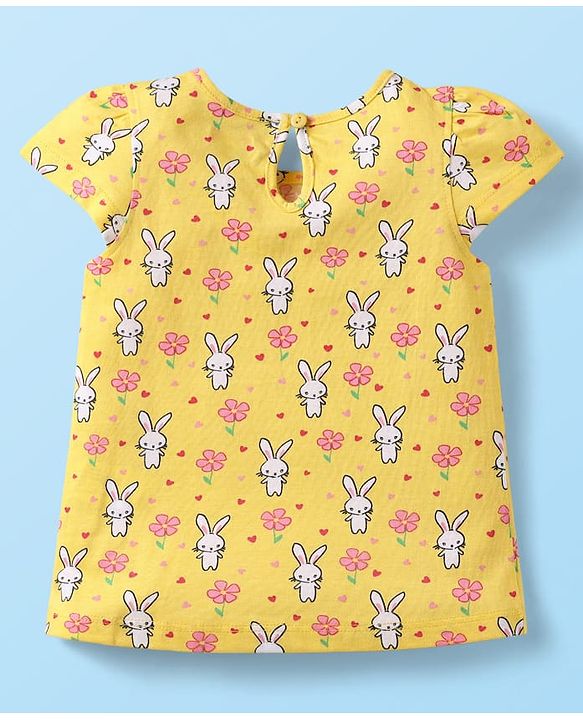Babyhug Cotton Knit Cap Sleeves T-Shirts with Floral Bunny & Text Print Pack of 3 - Yellow & Pink