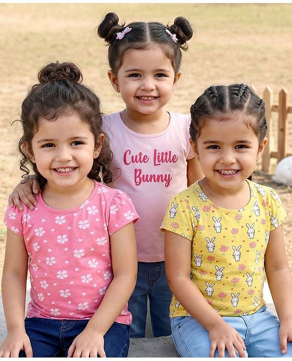Babyhug Cotton Knit Cap Sleeves T-Shirts with Floral Bunny & Text Print Pack of 3 - Yellow & Pink