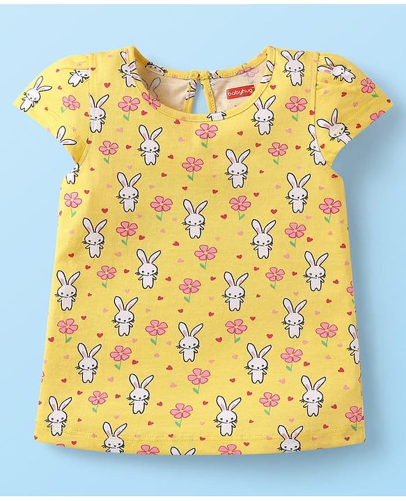 Babyhug Cotton Knit Cap Sleeves T-Shirts with Floral Bunny & Text Print Pack of 3 - Yellow & Pink