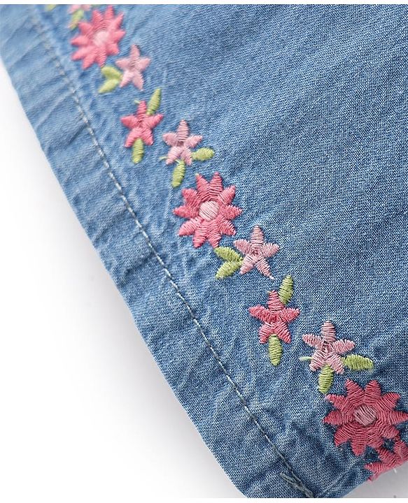 Babyhug Cotton Denim Ankle Length Culottes With Floral Embroidery - Blue