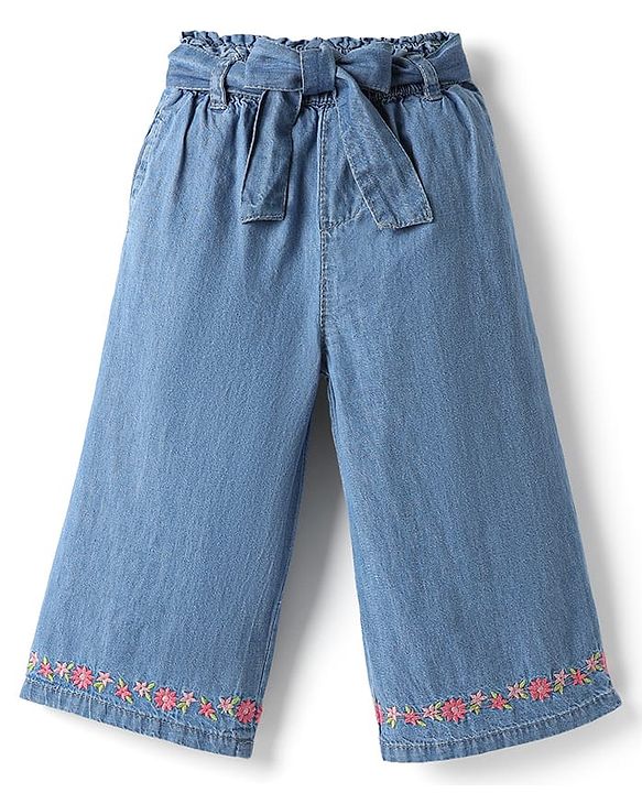Babyhug Cotton Denim Ankle Length Culottes With Floral Embroidery - Blue