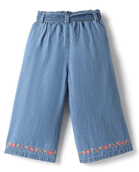 Babyhug Cotton Denim Ankle Length Culottes With Floral Embroidery - Blue