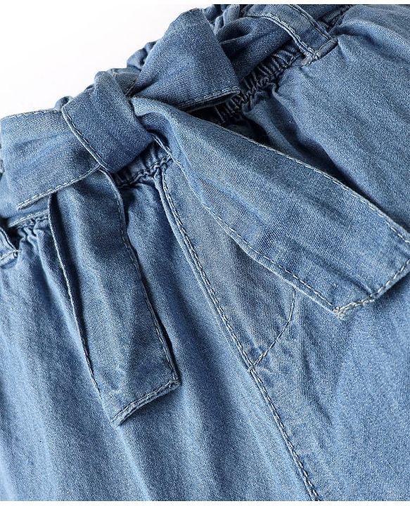 Babyhug Cotton Denim Ankle Length Culottes With Floral Embroidery - Blue