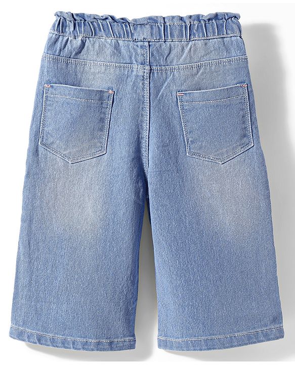 Babyhug Ankle Length Washed Denim Culottes With Floral Embroidered - Blue