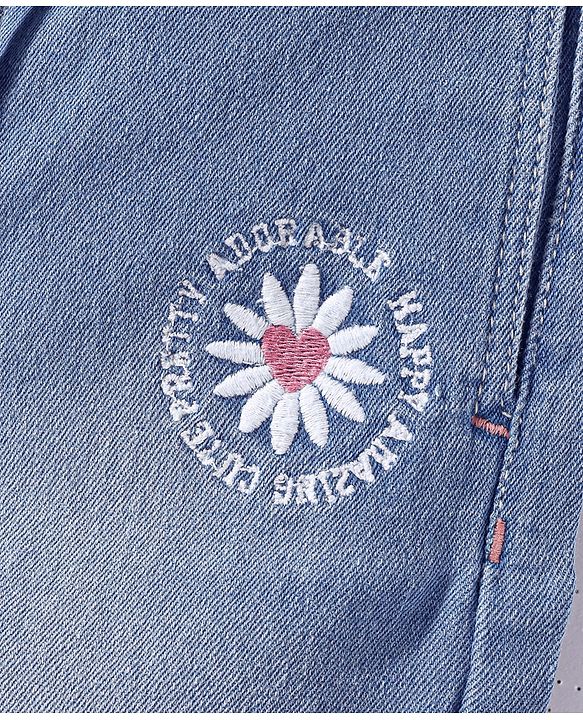 Babyhug Ankle Length Washed Denim Culottes With Floral Embroidered - Blue