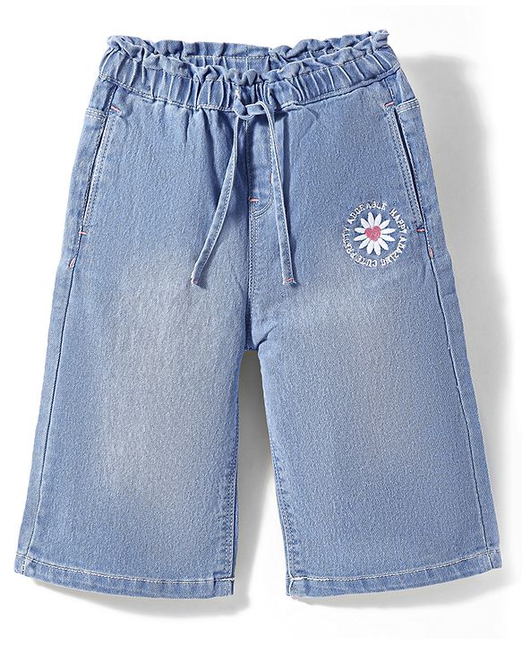 Babyhug Ankle Length Washed Denim Culottes With Floral Embroidered - Blue