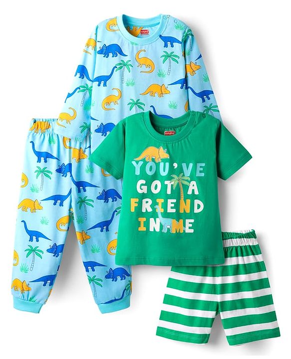 Babyhug Cotton Knit Full Sleeves Shorts Night Suits With Dino & Text Print - Blue & Green